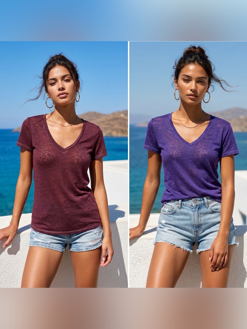 Lot of 2-Women’s V-Neck Semi Sheer Short Sleeve Tees in Plum and Violet - S/M